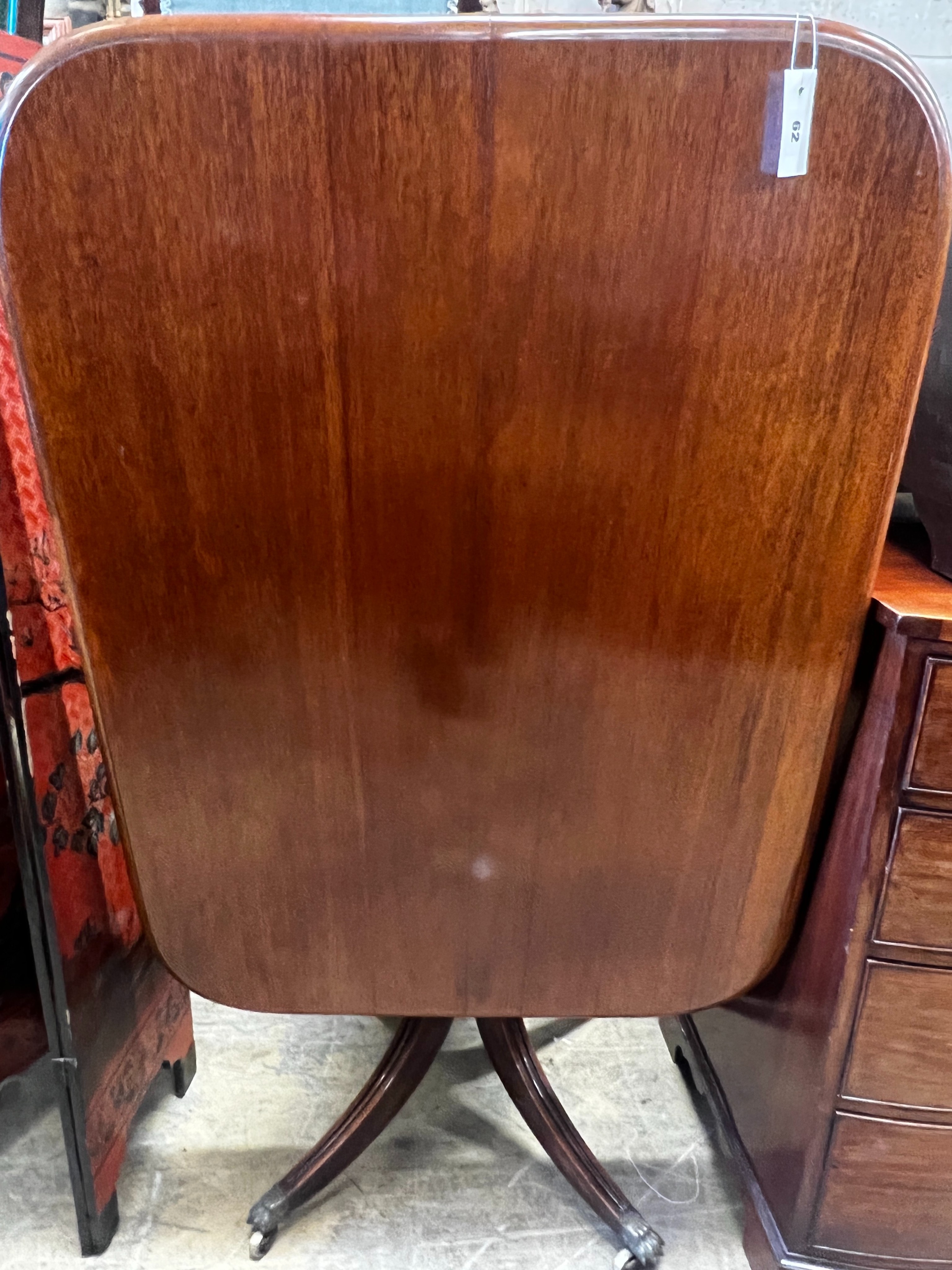 A Regency rectangular mahogany tilt top table, width 106cm, depth 78cm, height 71cm